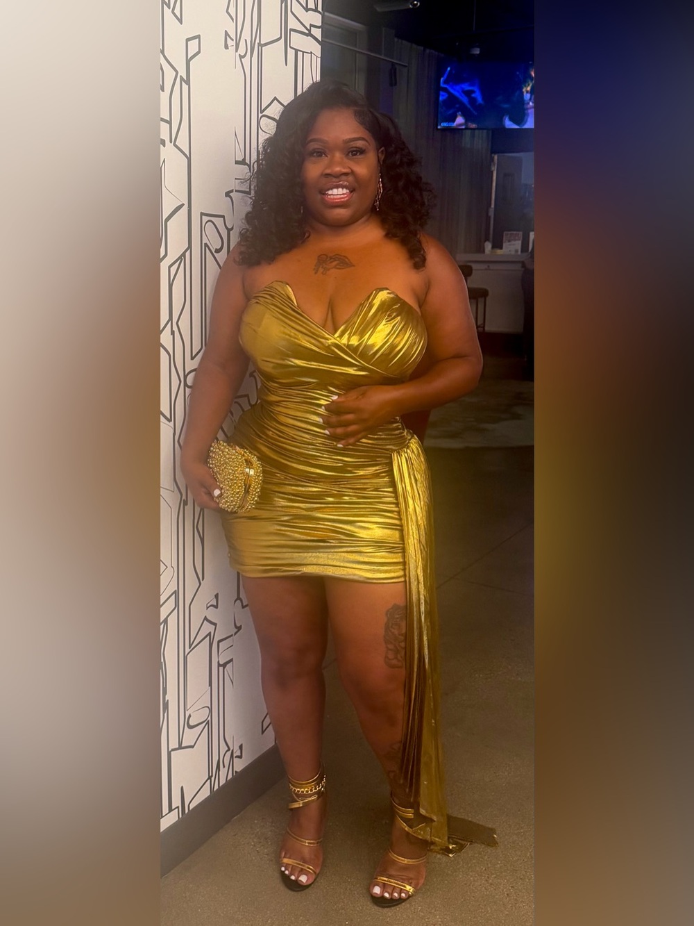 AKIRA Metallic Gold Strapless Ruched Mini Dress with Draped Sash